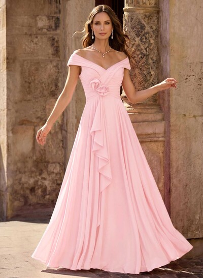A-Line Off-The-Shoulder Sleeveless Floor-Length Chiffon Mother Of The Bride Dresses With Flower(s)