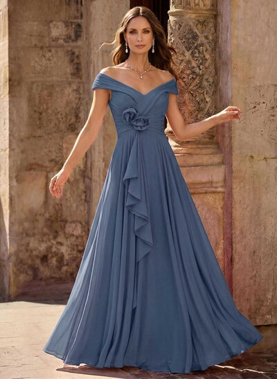 A-Line Off-The-Shoulder Sleeveless Floor-Length Chiffon Mother Of The Bride Dresses With Flower(s)