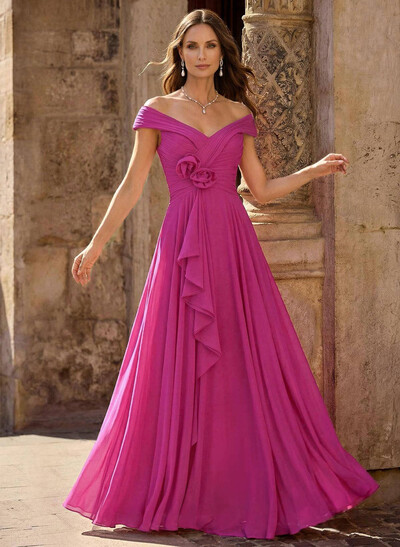 A-Line Off-The-Shoulder Sleeveless Floor-Length Chiffon Mother Of The Bride Dresses With Flower(s)