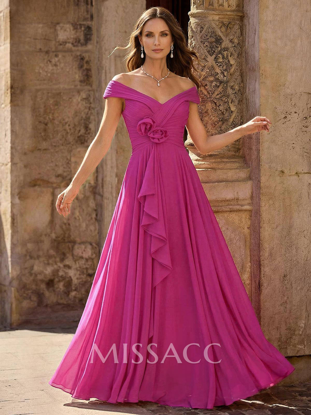 A-Line Off-The-Shoulder Sleeveless Floor-Length Chiffon Mother Of The Bride Dresses With Flower(s) A-Line Off-The-Shoulder Sleeveless Floor-Length Chiffon Mother Of The Bride Dresses With Flower(s)
