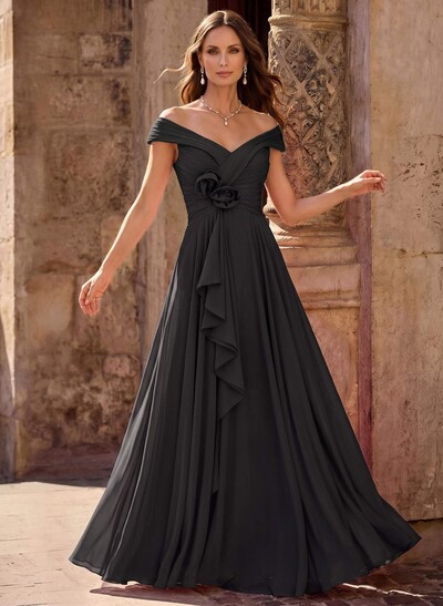 A-Line Off-The-Shoulder Sleeveless Maxi Chiffon Mother Of The Bride Dress With Floral Details