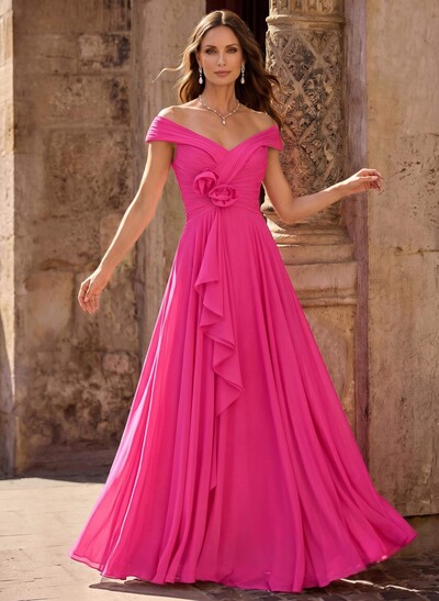 A-Line Off-The-Shoulder Sleeveless Floor-Length Chiffon Mother Of The Bride Dresses With Flower(s)
