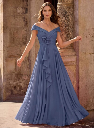 A-Line Off-The-Shoulder Sleeveless Maxi Chiffon Mother Of The Bride Dress With Floral Details