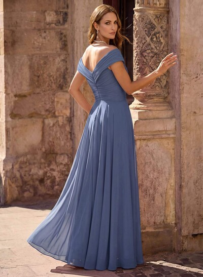 A-Line Off-The-Shoulder Sleeveless Maxi Chiffon Mother Of The Bride Dress With Floral Details