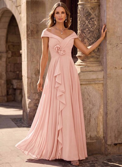A-Line Off-The-Shoulder Sleeveless Maxi Chiffon Mother Of The Bride Dress With Floral Details