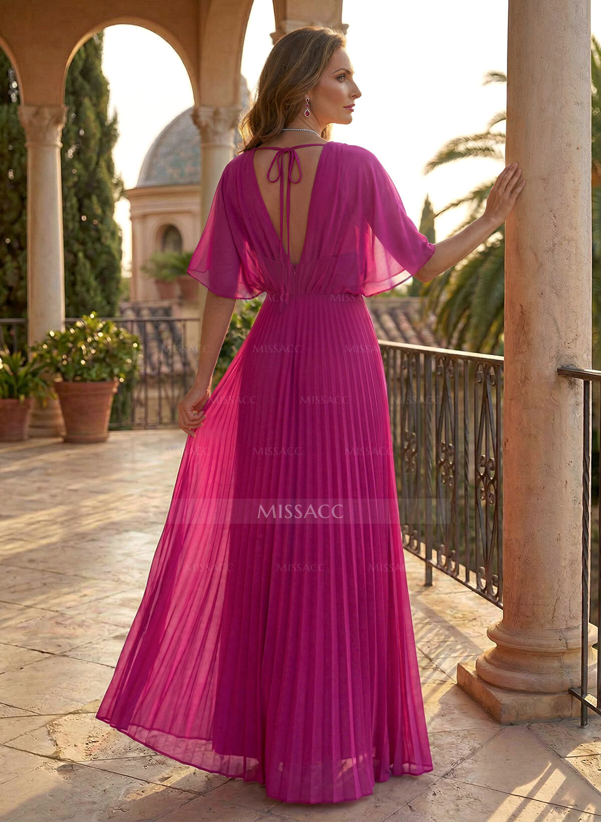 A-Line V-Neck 1/2 Sleeves Floor-Length Chiffon Mother Of The Bride Dresses With Pleated