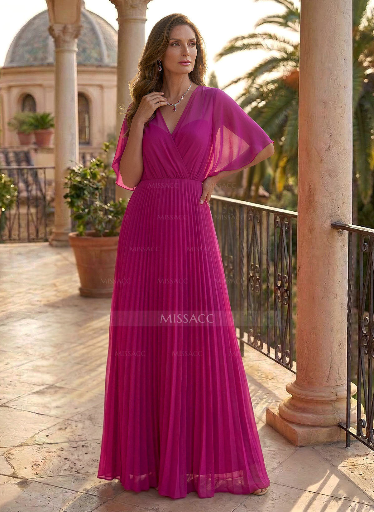 A-Line V-Neck 1/2 Sleeves Floor-Length Chiffon Mother Of The Bride Dresses With Pleated