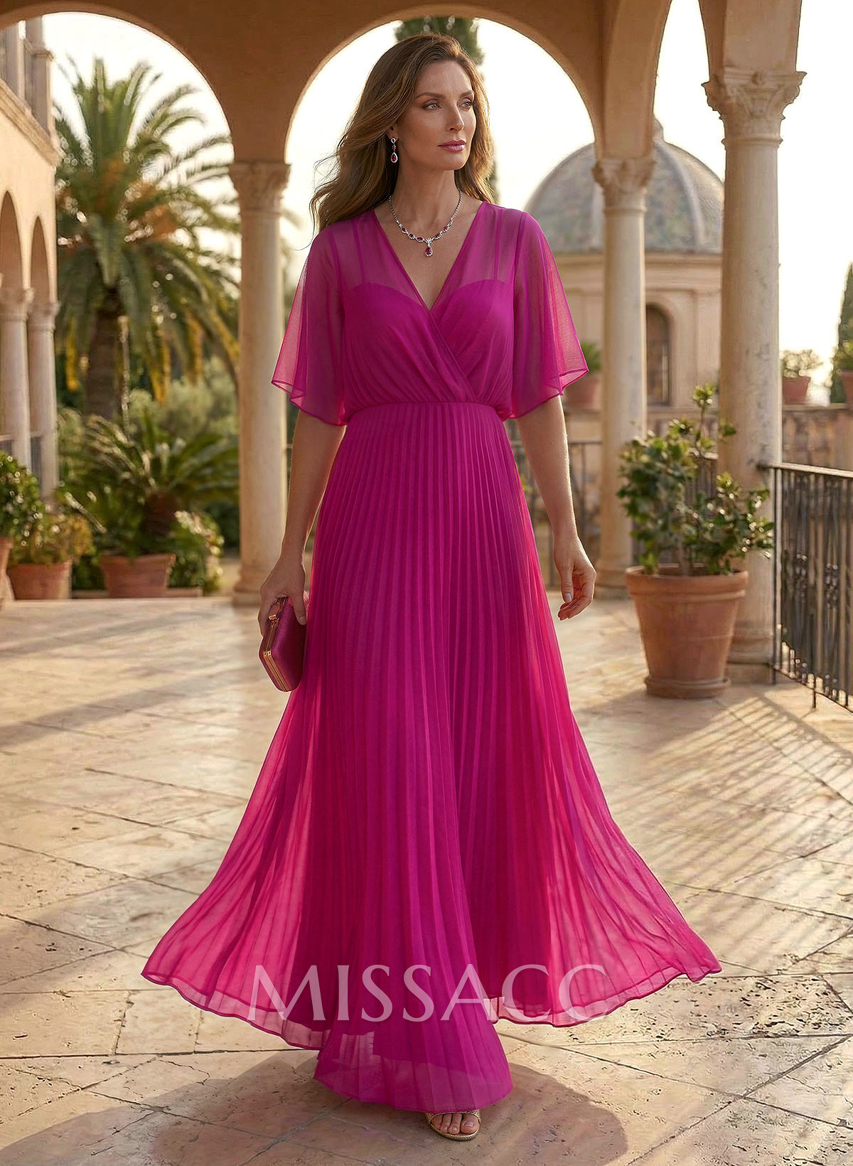 A-Line V-Neck 1/2 Sleeves Floor-Length Chiffon Mother Of The Bride Dresses With Pleated