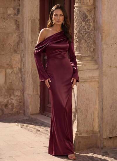 Trumpet/Mermaid Asymmetrical Long Sleeves Floor-Length Charmeuse Mother Of The Bride Dresses