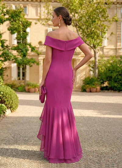 Sheath/Column Off-The-Shoulder Floor-Length Chiffon Mother Of The Bride Dresses With Ruffle/High Split