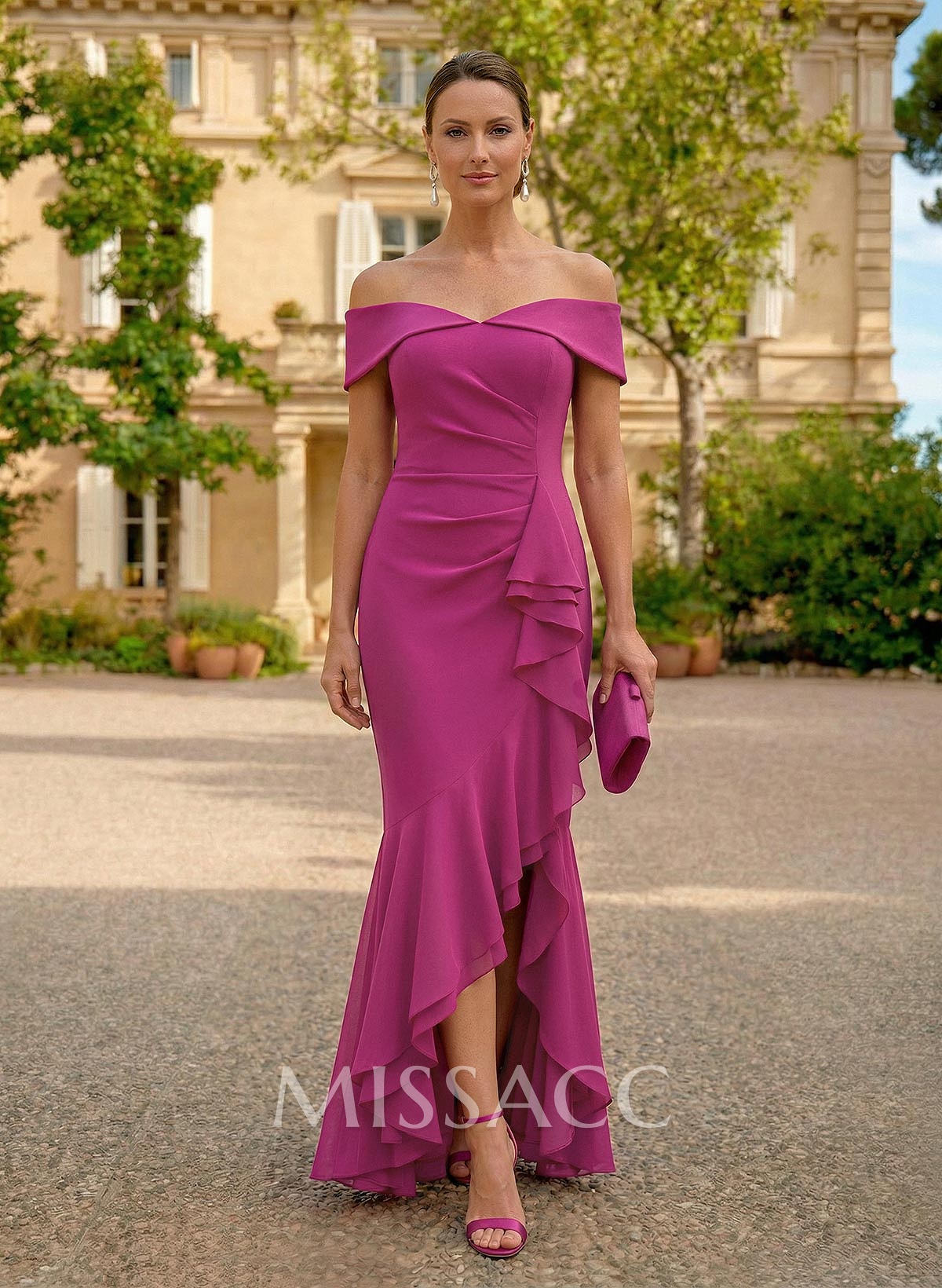 Sheath/Column Off-The-Shoulder Floor-Length Chiffon Mother Of The Bride Dresses With Ruffle/High Split Sheath/Column Off-The-Shoulder Floor-Length Chiffon Mother Of The Bride Dresses With Ruffle/High Split