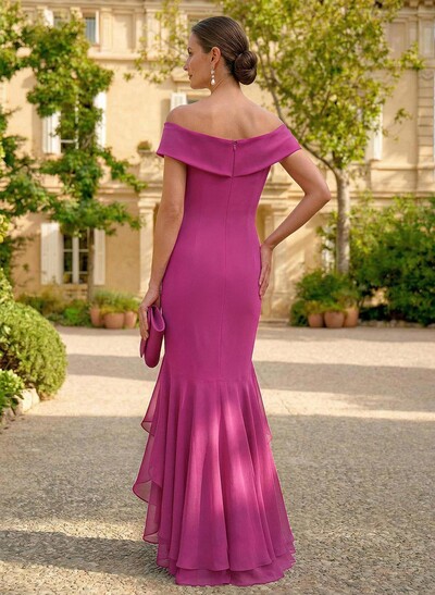 Sheath/Column Off-The-Shoulder Floor-Length Chiffon Mother Of The Bride Dresses With Ruffle/High Split