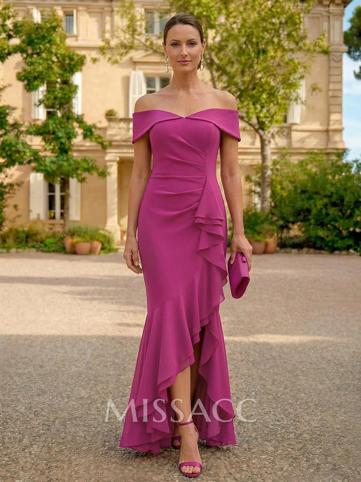 Sheath/Column Off-The-Shoulder Floor-Length Chiffon Mother Of The Bride Dresses With Ruffle/High Split #SMBD12797