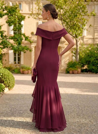 Sheath/Column Off-The-Shoulder Floor-Length Chiffon Mother Of The Bride Dresses With Ruffle/High Split