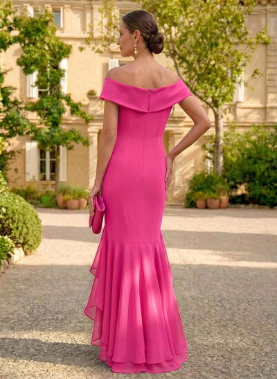 Sheath/Column Off-The-Shoulder Floor-Length Chiffon Mother Of The Bride Dresses With Ruffle/High Split