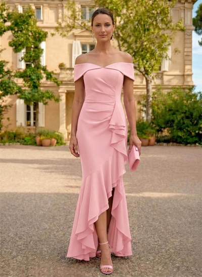 Sheath/Column Off-The-Shoulder Sleeveless Asymmetrical Chiffon Mother Of The Bride Dresses With Ruffle/High Split