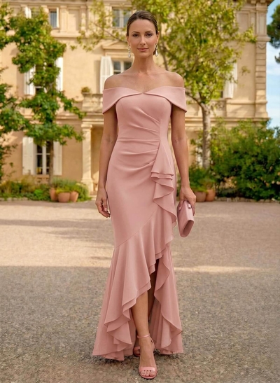 Sheath/Column Off-The-Shoulder Floor-Length Chiffon Mother Of The Bride Dresses With Ruffle/High Split