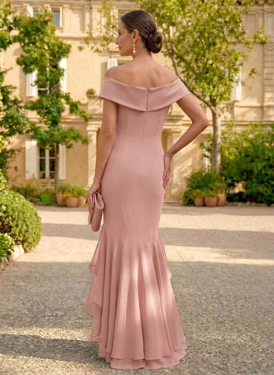 Sheath/Column Off-The-Shoulder Floor-Length Chiffon Mother Of The Bride Dresses With Ruffle/High Split