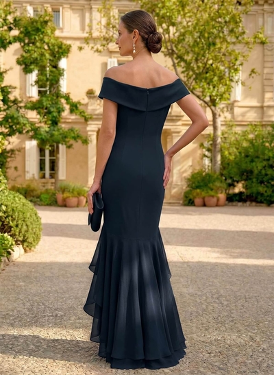 Sheath/Column Off-The-Shoulder Floor-Length Chiffon Mother Of The Bride Dresses With Ruffle/High Split
