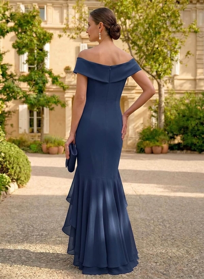 Sheath/Column Off-The-Shoulder Floor-Length Chiffon Mother Of The Bride Dresses With Ruffle/High Split