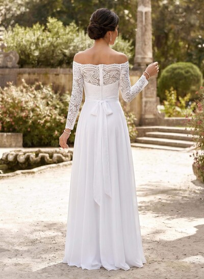 A-Line Off-The-Shoulder Long Sleeves Floor-Length Chiffon/Lace Mother Of The Bride Dresses With Sash