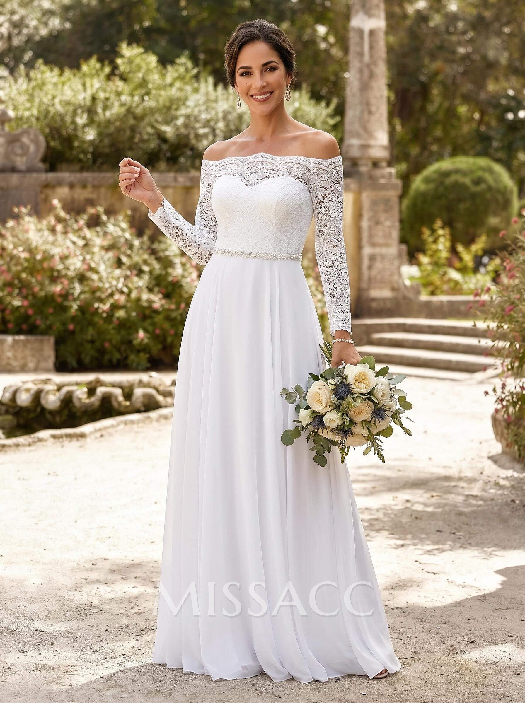 A-Line Off-The-Shoulder Long Sleeves Floor-Length Chiffon/Lace Mother Of The Bride Dresses With Sash