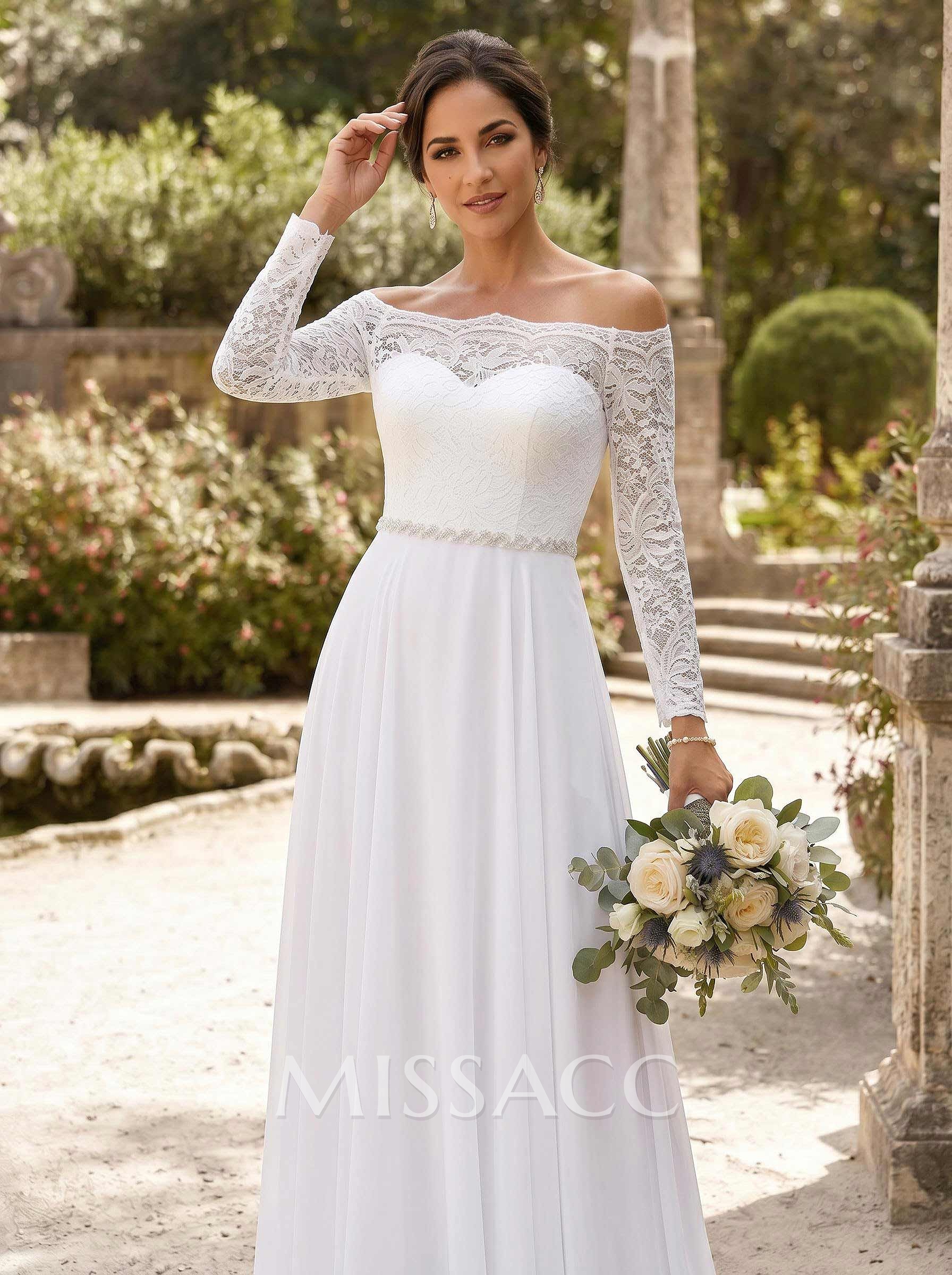 A-Line Off-The-Shoulder Long Sleeves Floor-Length Chiffon/Lace Mother Of The Bride Dresses With Sash
