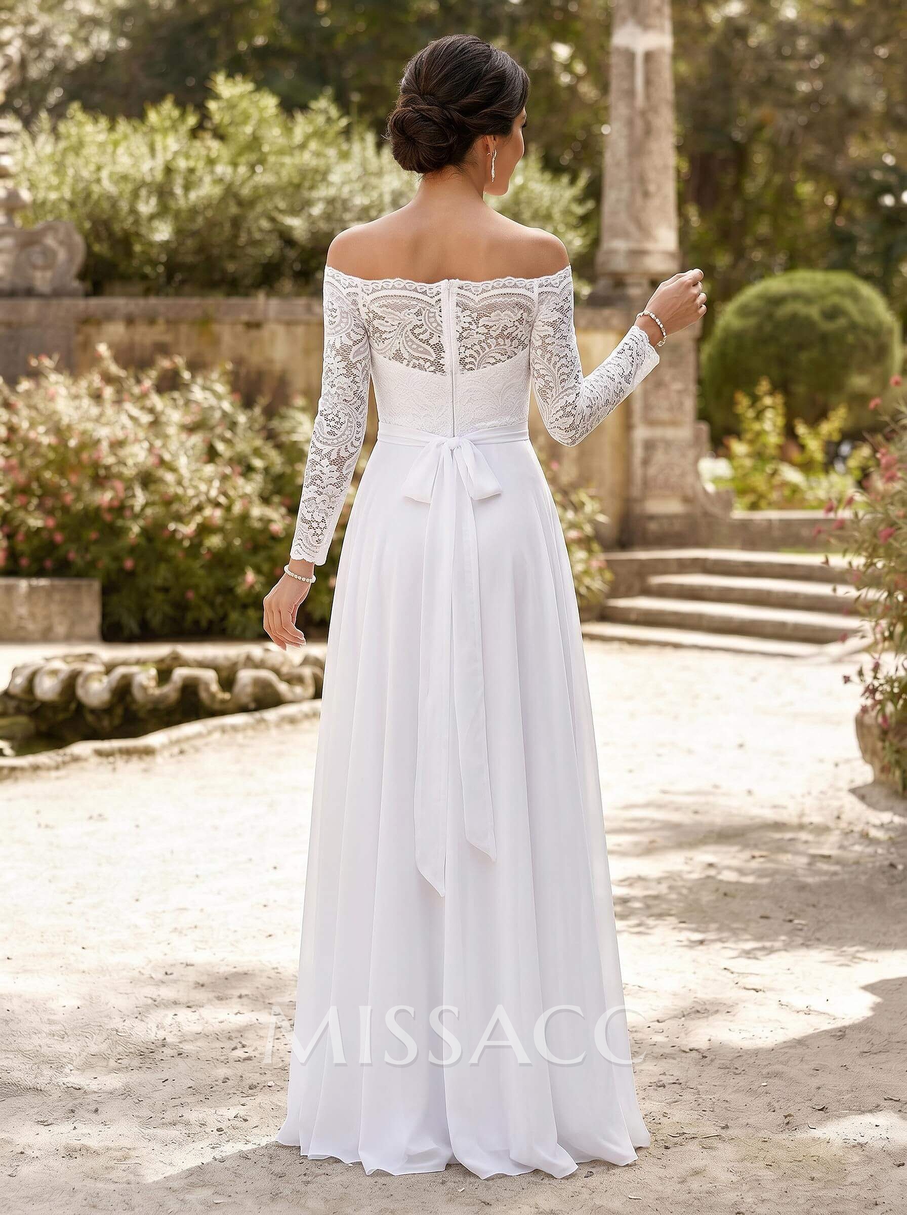 A-Line Off-The-Shoulder Long Sleeves Floor-Length Chiffon/Lace Mother Of The Bride Dresses With Sash