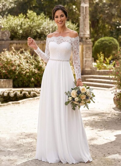 A-Line Off-The-Shoulder Long Sleeves Floor-Length Chiffon/Lace Mother Of The Bride Dresses With Sash