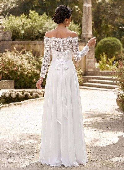 A-Line Off-The-Shoulder Long Sleeves Floor-Length Chiffon/Lace Mother Of The Bride Dresses With Sash