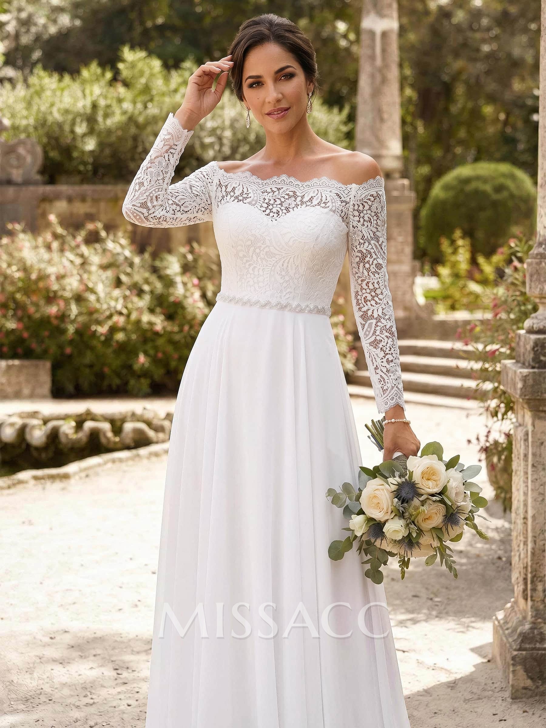 A-Line Off-The-Shoulder Long Sleeves Floor-Length Chiffon/Lace Mother Of The Bride Dresses With Sash A-Line Off-The-Shoulder Long Sleeves Floor-Length Chiffon/Lace Mother Of The Bride Dresses With Sash
