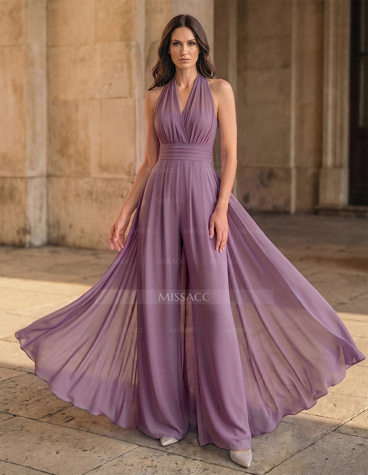 Jumpsuit/Pantsuit Sleeveless Floor-Length Chiffon Mother Of The Bride Dresses With Bow(s)/Overskirt Dress