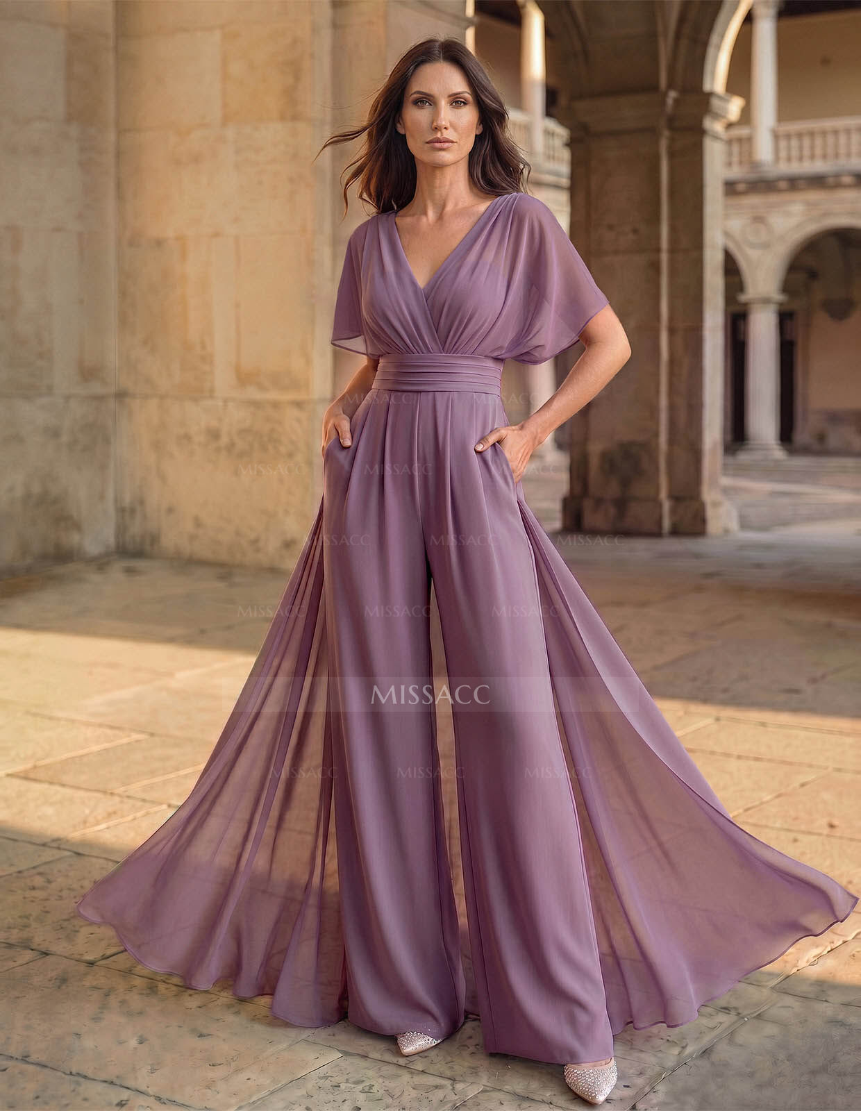 Jumpsuit/Pantsuit Sleeveless Floor-Length Chiffon Mother Of The Bride Dresses With Bow(s)/Overskirt Dress