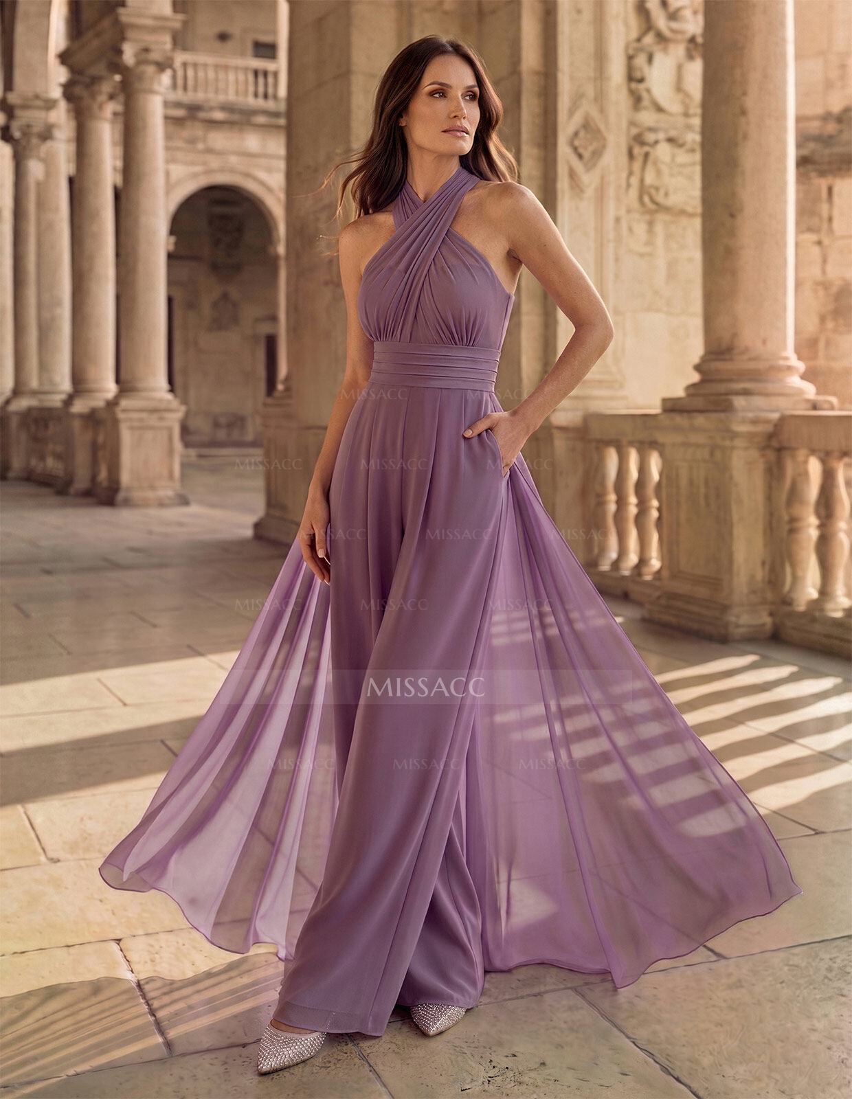 Jumpsuit/Pantsuit Sleeveless Floor-Length Chiffon Mother Of The Bride Dresses With Bow(s)/Overskirt Dress