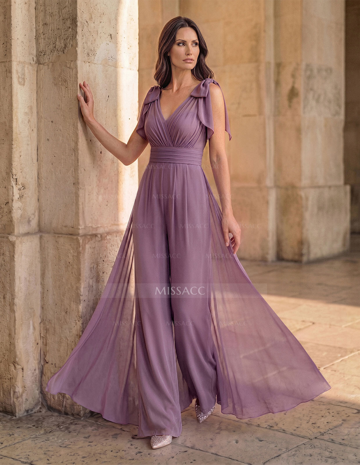Jumpsuit/Pantsuit Sleeveless Floor-Length Chiffon Mother Of The Bride Dresses With Bow(s)/Overskirt Dress