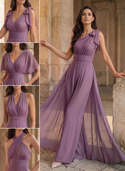 Jumpsuit/Pantsuit Sleeveless Floor-Length Chiffon Mother Of The Bride Dresses With Bow(s)/Overskirt Dress