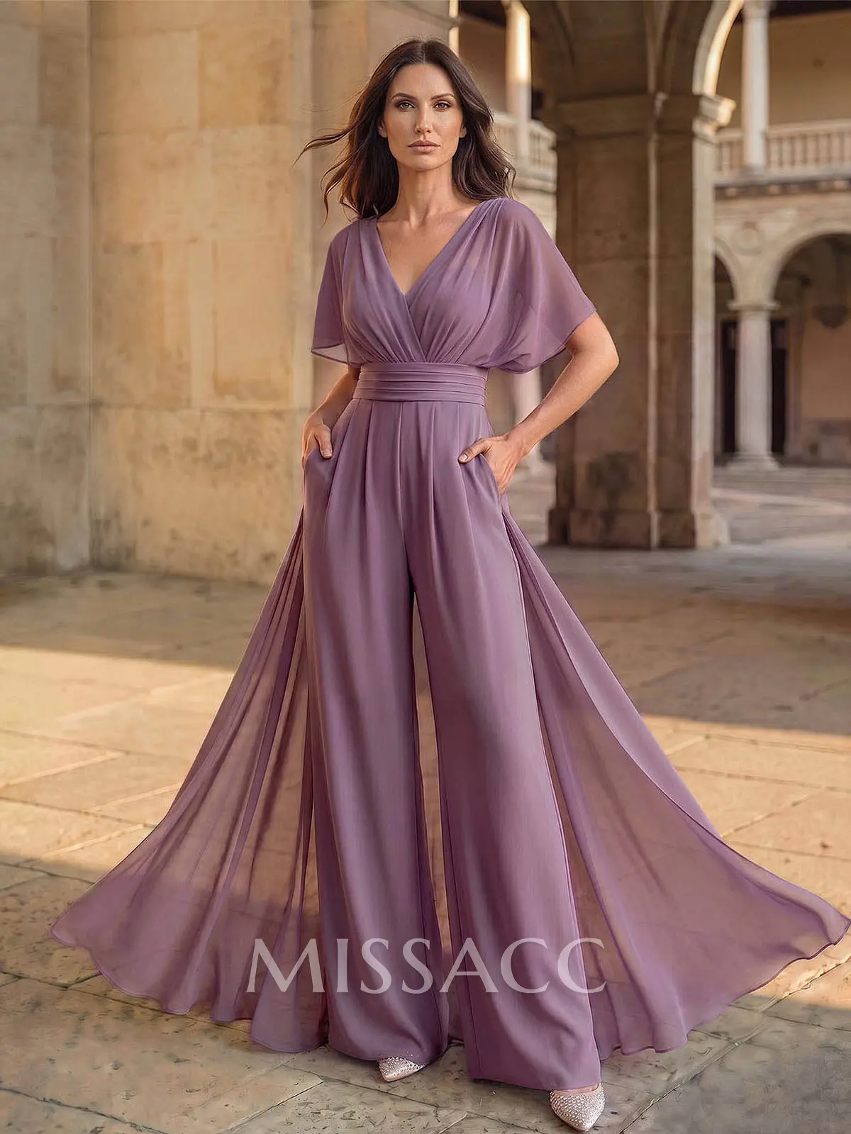floor length suit dresses Two Piece Jumpsuits Floor Length Wedding Dresses Evening Gown Ball Gown with Overskirt Formal Dress Casual Formal Long Sleeve Scoop Neck Detachable Chiffon Lace with Appliques Crystal Brooch 2026