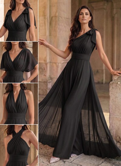 Jumpsuit/Pantsuit Sleeveless Floor-Length Chiffon Mother Of The Bride Dresses With Bow(s)/Overskirt Dress