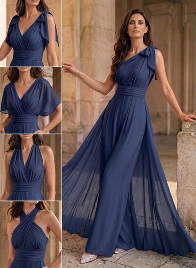 Jumpsuit/Pantsuit Sleeveless Floor-Length Chiffon Mother Of The Bride Dresses With Bow(s)/Overskirt Dress