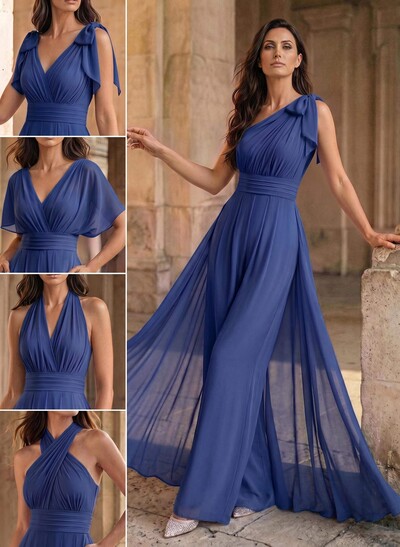Jumpsuit/Pantsuit Sleeveless Floor-Length Chiffon Mother Of The Bride Dresses With Bow(s)/Overskirt Dress