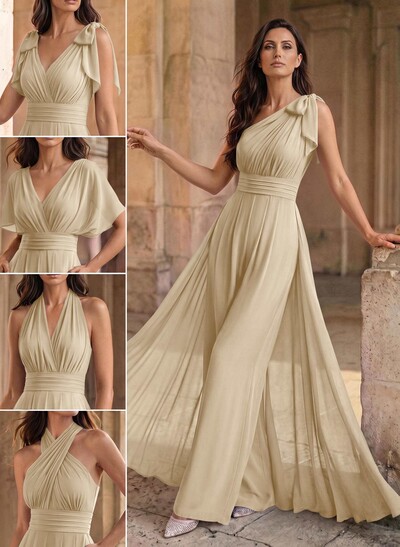 Jumpsuit/Pantsuit Sleeveless Floor-Length Chiffon Mother Of The Bride Dresses With Bow(s)/Overskirt Dress
