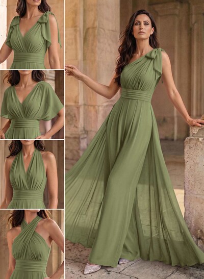 Jumpsuit/Pantsuit Sleeveless Floor-Length Chiffon Evening Dresses With Bow/Overskirt Dress