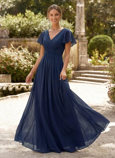 A-Line V-Neck Short Sleeves Floor-Length Chiffon Mother Of The Bride Dresses With High Split
