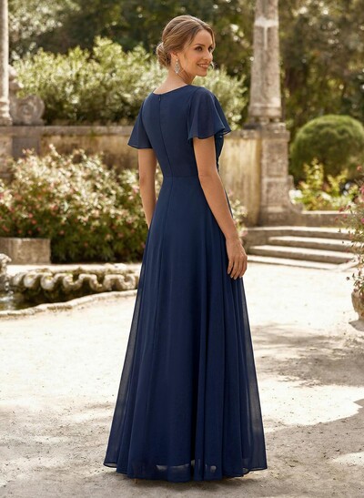 A-Line V-Neck Short Sleeves Floor-Length Chiffon Mother Of The Bride Dresses With High Split