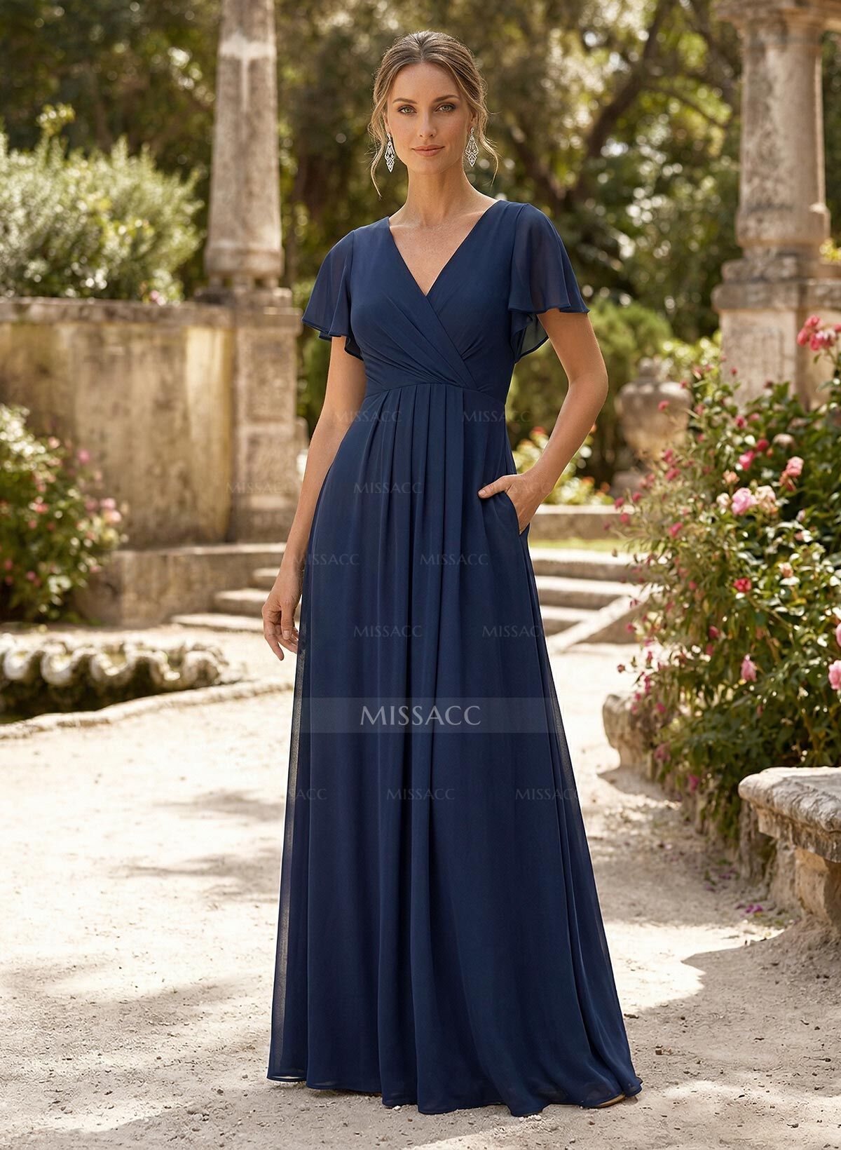 A-Line V-Neck Short Sleeves Floor-Length Chiffon Mother Of The Bride Dresses With High Split