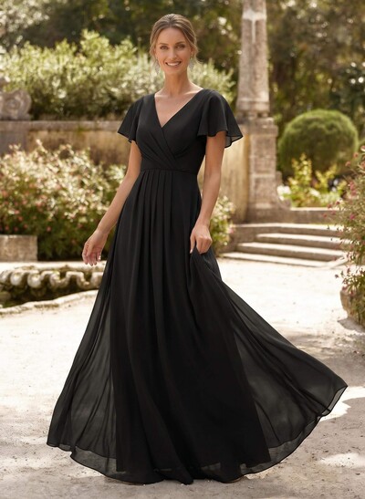 A-Line V-Neck Short Sleeves Floor-Length Chiffon Mother Of The Bride Dresses With High Split