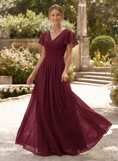 A-Line V-Neck Short Sleeves Floor-Length Chiffon Mother Of The Bride Dresses With High Split
