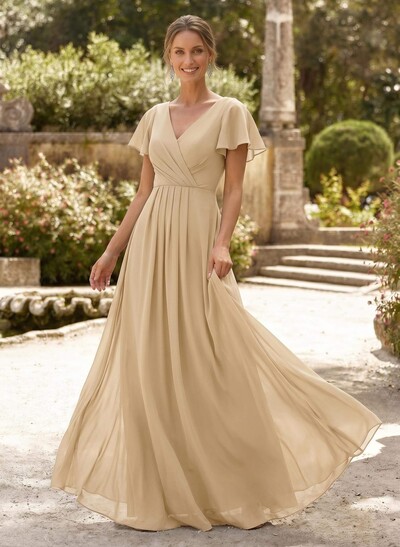 A-Line V-Neck Short Sleeves Floor-Length Chiffon Mother Of The Bride Dresses With High Split