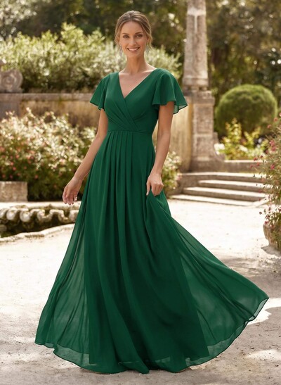 A-Line V-Neck Short Sleeves Floor-Length Chiffon Mother Of The Bride Dresses With High Split