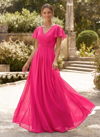 A-Line V-Neck Short Sleeves Floor-Length Chiffon Mother Of The Bride Dresses With High Split